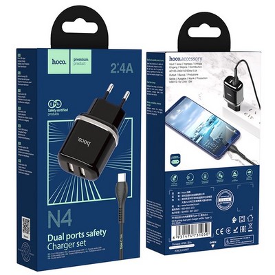 Адаптер питания Hoco N4 Aspiring dual port charger с кабелем Type-C (2USB: 5V max 2.4A) Черный - фото 39345