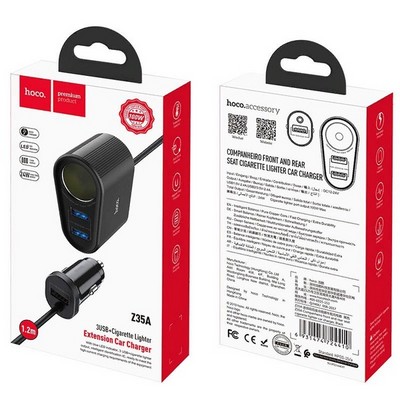 Разделитель автомобильный Hoco Z35A Companheiro front and rear seat Cigarette Lighter 100W Car Charger (3USB: 5V & 2.4A) Черный - фото 55278