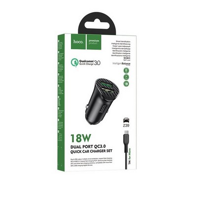 Разделитель автомобильный Hoco Z39 Farsighted dual port QC3.0 Car charger с кабелем MicroUSB (2USB: 3.6V-6.5V & 3A 18W) Черный - фото 56112