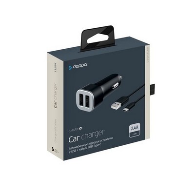 Разделитель автомобильный Deppa Car charger 2.4A D-11284, кабель Type-C 1.2m 12/24V (2USB: 5V/2.4A) Черный - фото 55201