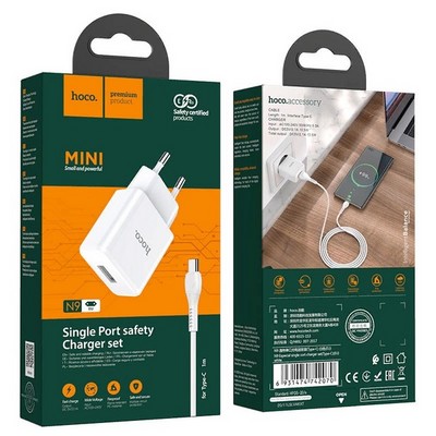 Адаптер питания Hoco N9 Especial single port charger с кабелем Type-C (USB: 5V max 2.1A) Белый - фото 56127