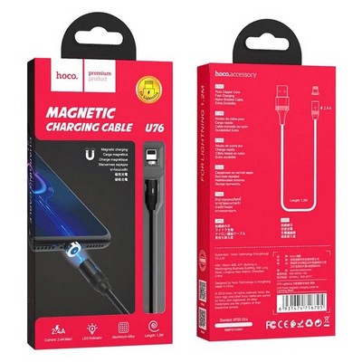 Дата-кабель USB Hoco U76 Magnetic charging data cable for Lightning (1.2м) (2.4A) Черный - фото 55805