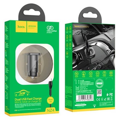 Разделитель автомобильный Hoco NZ4 Wise road 24W dual port PD car charger с кабелем MicroUSB (2USB: 5V & 2.4A 12W/ total output 24W) Черный - фото 56166