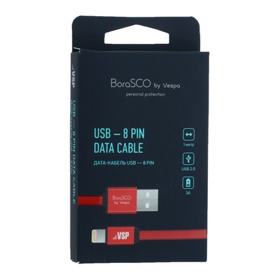 Дата-кабель USB BoraSCO B-34450 в нейлоновой оплетке 3A Lightning (1.0 м) Красный - фото 53108