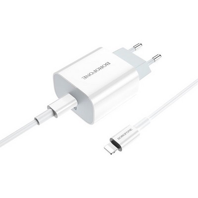 Адаптер питания BOROFONE BA38A Speedly PD+QC 3.0 fast Charger Type-C to Lightning (USB-C: 5V max 3.0A/ 20Вт) Белый - фото 53996