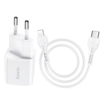 Адаптер питания Hoco N10 Starter single port PD20W+QC3.0 charger с кабелем Type-C to Lightning (USB: 5V max 3.1A/ 20Вт) Белый - фото 54056
