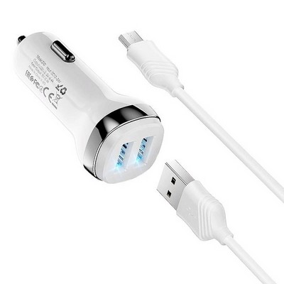 Разделитель автомобильный Hoco Z40 Superior dual port car charger с кабелем MicroUSB (2USB: 5V & 2.4A) Белый - фото 54506