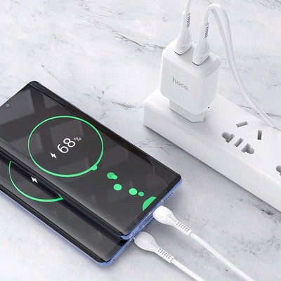 Адаптер питания Hoco N7 Speedy dual port charger с кабелем Type-C (2USB: 5V max 2.1A) Белый - фото 54519