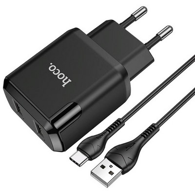 Адаптер питания Hoco N7 Speedy dual port charger с кабелем Type-C (2USB: 5V max 2.1A) Черный - фото 54520