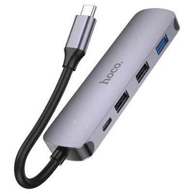Переходник Hoco HB27 Type-C multifunction adapter PD, USB3.0, 2хUSB2.0, HDMI, 4К при 30 Гц, 60W, для MacBook Графитовый - фото 55172