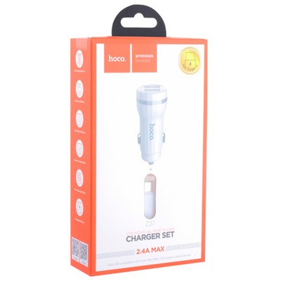 Разделитель автомобильный Hoco Z27 Staunch dual port in-car Charger with cable Type-C (2USB: 5V & 2.4A) Белый - фото 13289