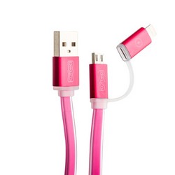 Дата-кабель USB COTECi M1 (CS2025-MR) 2в1 lightning & microUSB cable Breathe Light плоский (1.0 м) розовый