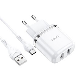 Адаптер питания Hoco N4 Aspiring dual port charger с кабелем Type-C (2USB: 5V max 2.4A) Белый