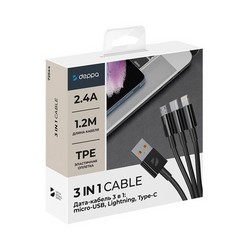 Дата-кабель USB 3в1 Deppa D-72544 micro USB + Type-C + Ligthning (1.2м) Черный